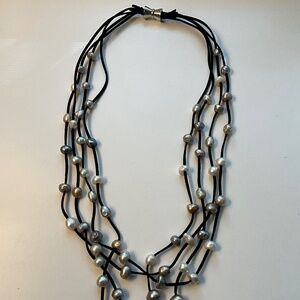 Fresh Water Pearl with Black Suede Leather Necklace- Magnetic Clasp